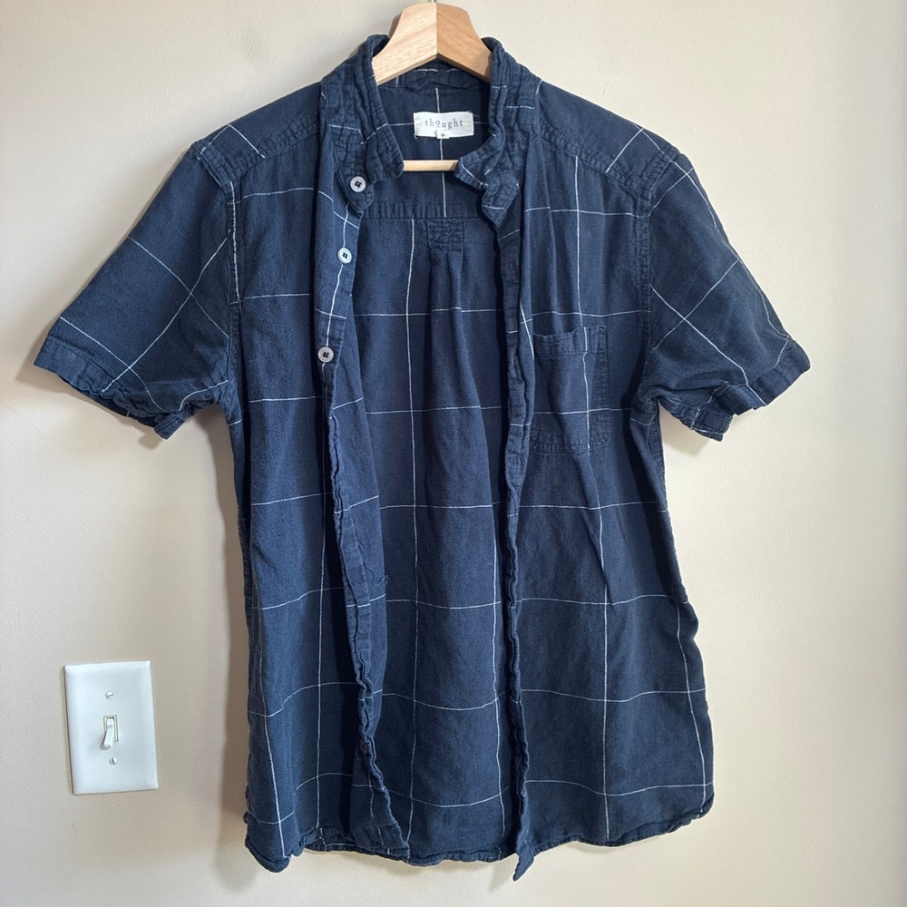 Thought Windowpane Check Button Down Shirt Medium Navy Mens Hemp Organic Cotton